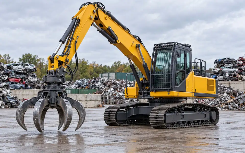 Vehicle-recycling excavator with rotating grapple equipment image